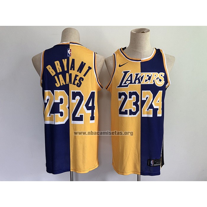 Camiseta Los Angeles Lakers Kobe Bryant LeBron James NO 24 23 Split Amarillo Violeta